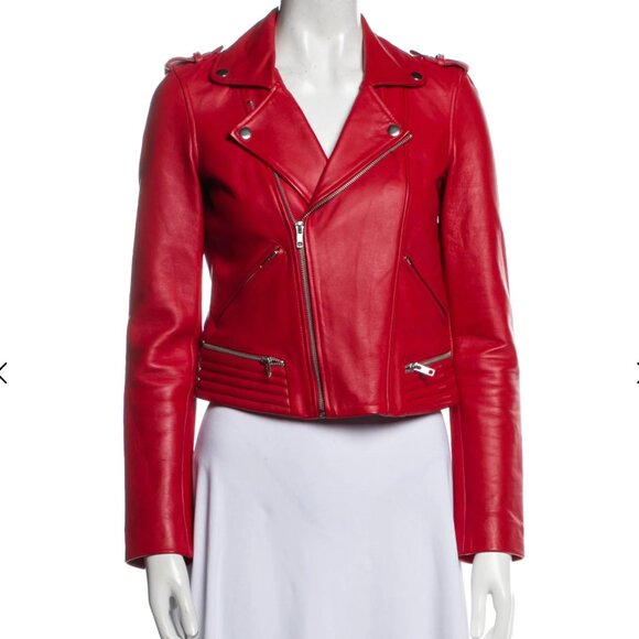 Maje Red Leather Moto Jacket – Size 36 - Picture 1 of 3